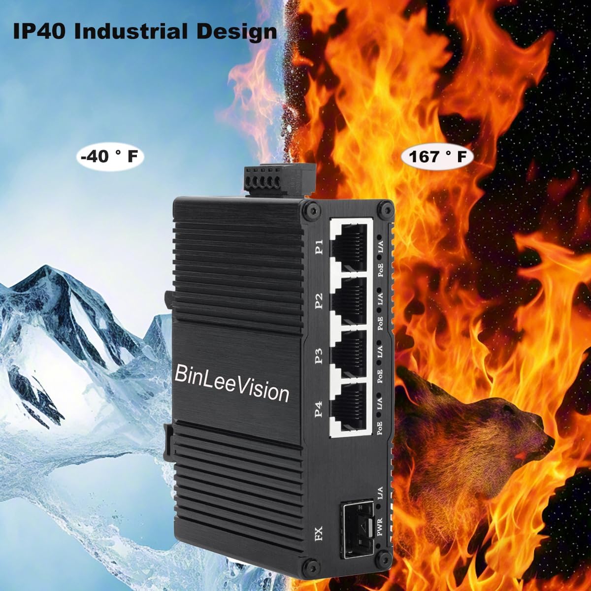 Industrial Mini Gigabit Ethernet Switch 4-Port RJ45 10/100/1000BASE-T+1-Port SFP Slot,Unmanaged Network Switch,Network Hub,Dinrail Mount or Wall-Mount,Plug & Play,Fanless (4 RJ45+1 SFP with PoE)