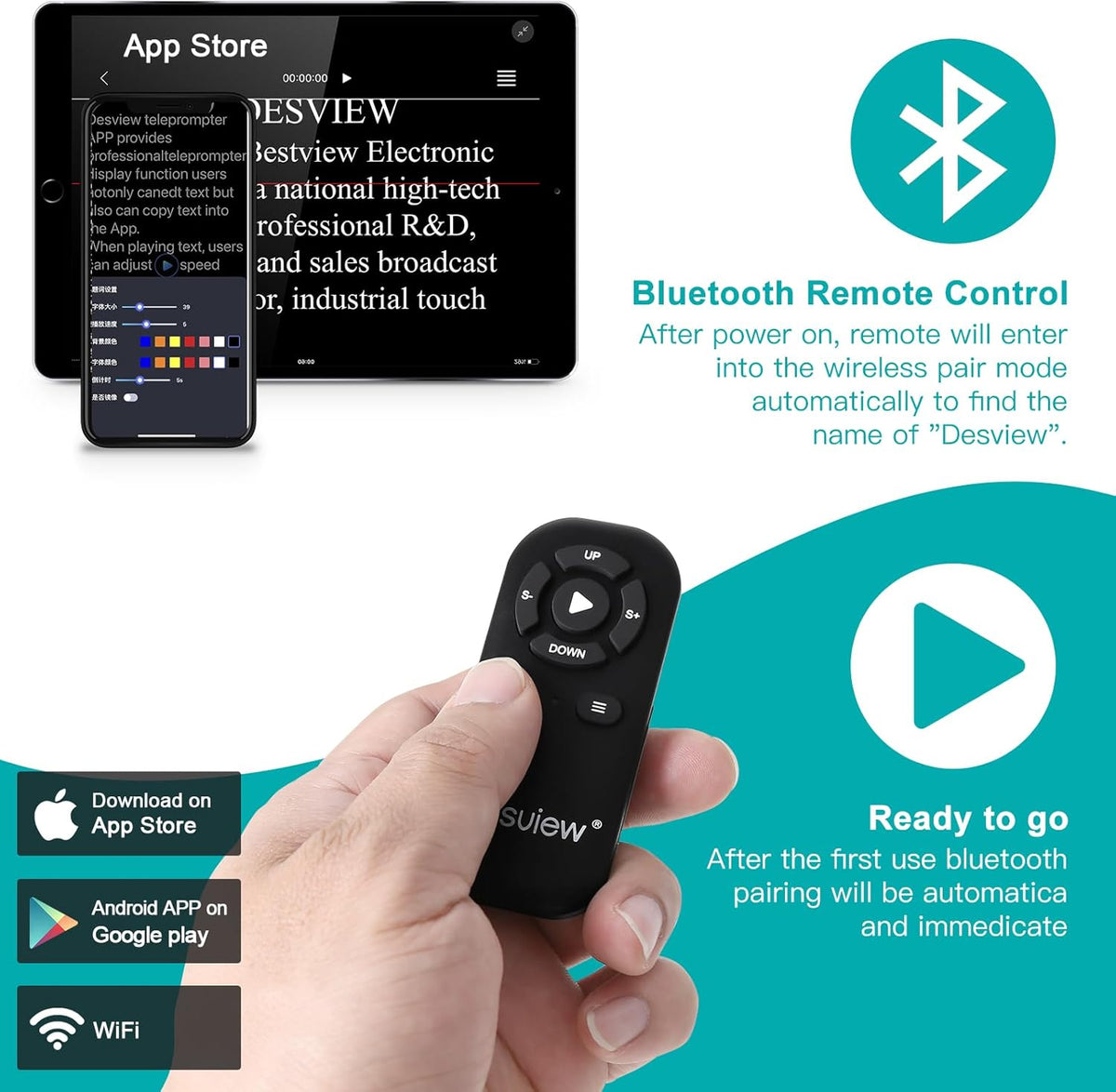 Bluetooth Remote Control for Teleprompter, Compatible ONLY with Desview Teleprompters (Battery Not Included)