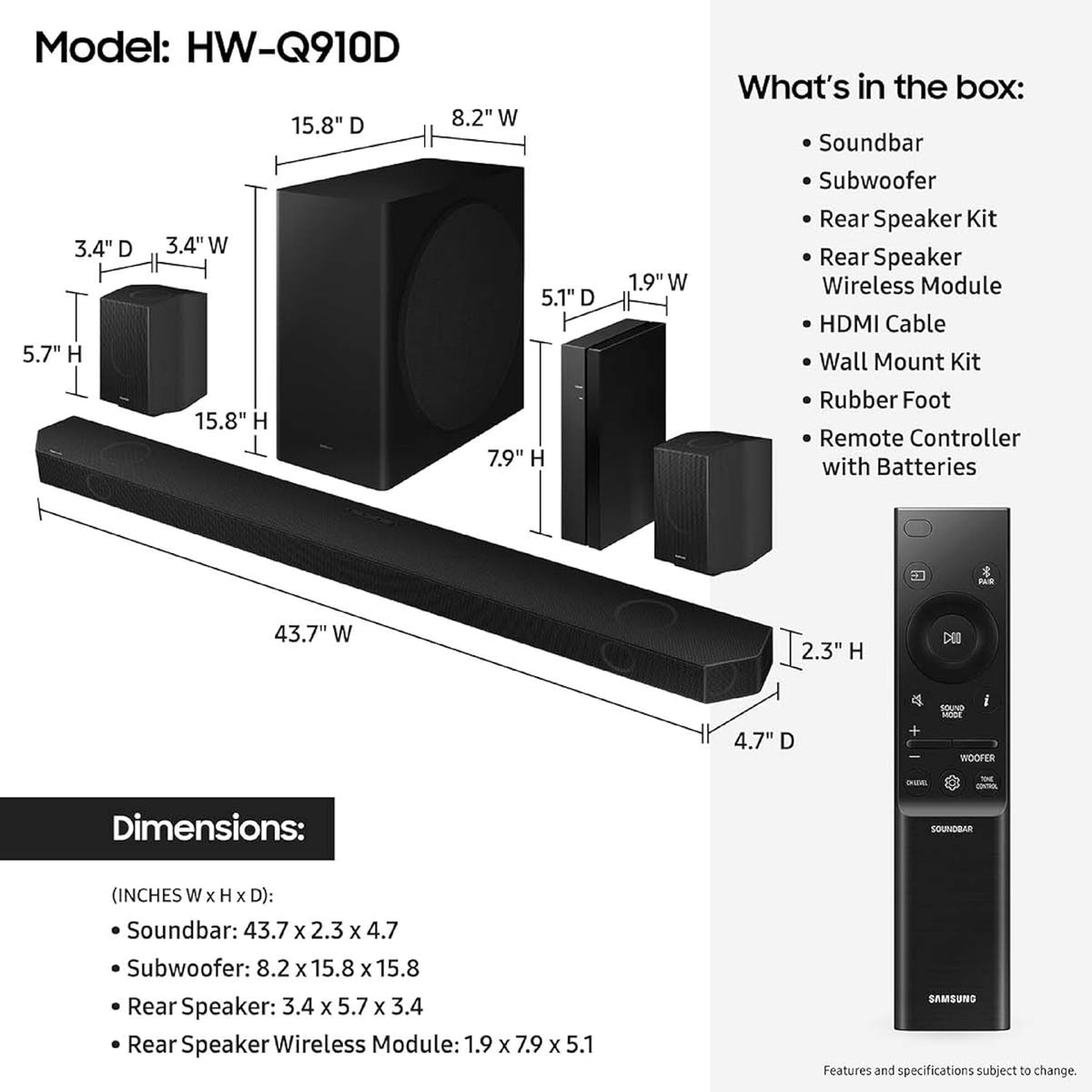 Samsung HW-Q910D 9.1.2 ch Soundbar w/Dolby Audio, Surround Sound Expansion, Adaptive Sound, Wireless Subwoofer, 2024