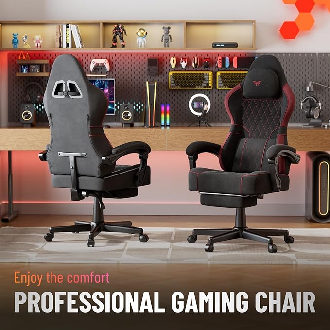 Ferghana Velvet Fabric Ergonomic Gaming Chair with Footrest and Linkage Armrest High Back Computer Game Chair with Massage Lumbar Support for Adult(Black/Red)