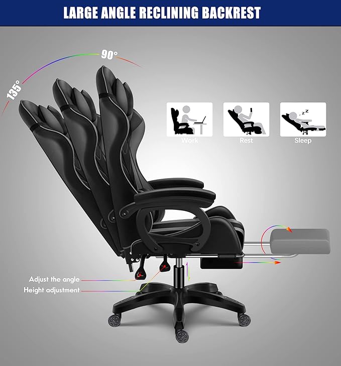 Video Gaming Chair with Speaker and RBG LightErgonomic Gaming Chair with Footrest and Massage Function90°-135° Comfortable Computer Reclining ChairAdults Teens Computer Chair.Red