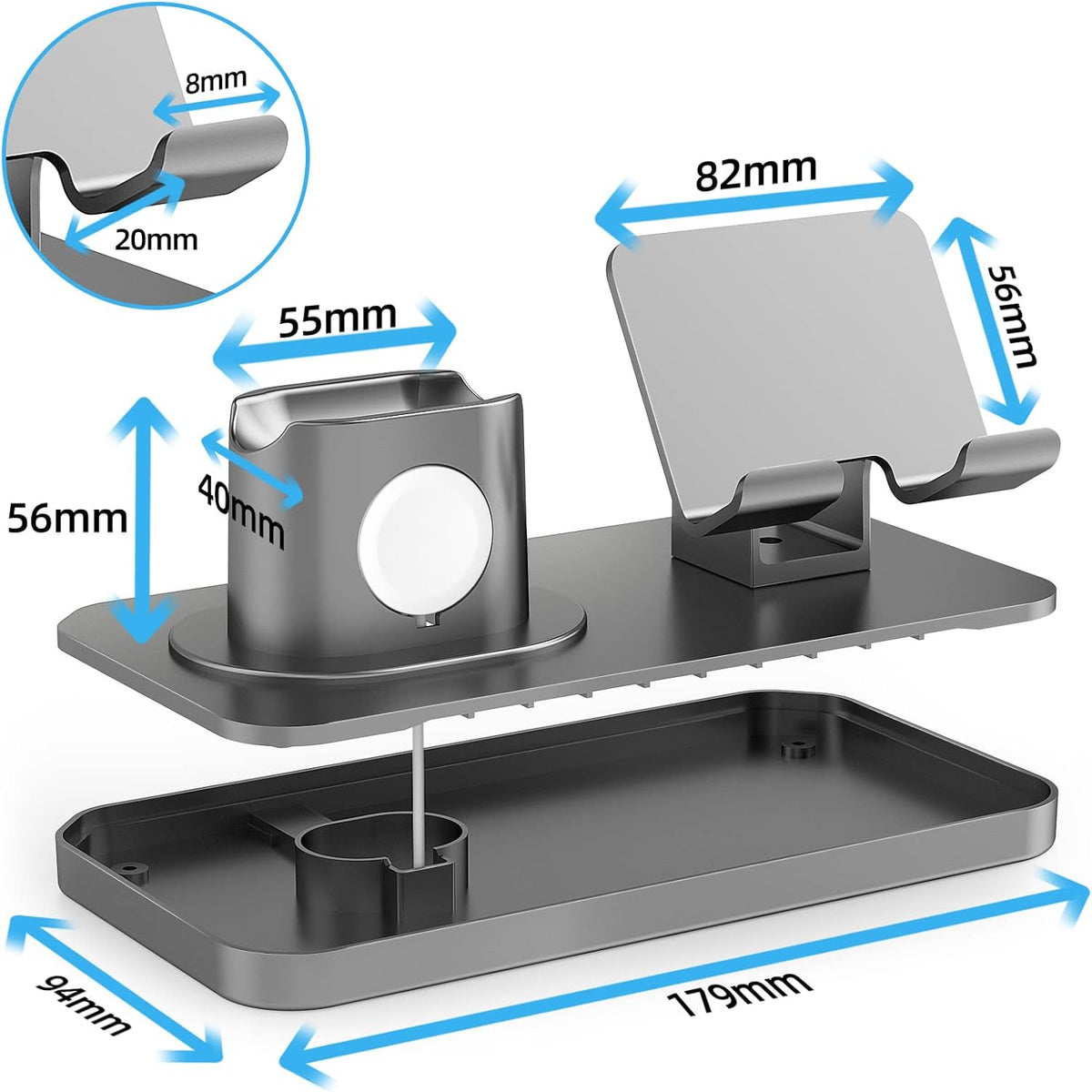 180° Rotation Phone Charger Stand Holder, 3in1 Charger Dock for Apple iWatch/AirPods/iPad and Most Smartphones (Gray)