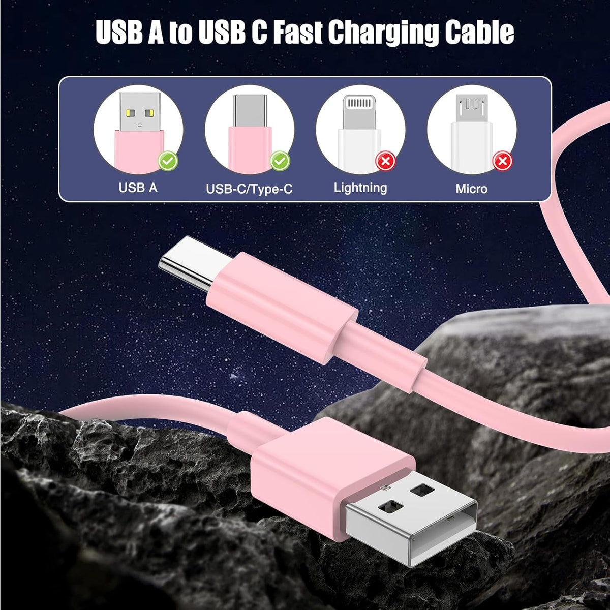 3-Pack Pink [3.3FT+3.3FT+6FT] USB A to USB C Cable，USB to USB C Car Carplay Cable for iPhone 16 15 Pro Plus Pro Max，for iPad Pro/Air/Mini，for Samsung S24/S23/S22/S21，for MacBook Pro/Air and More