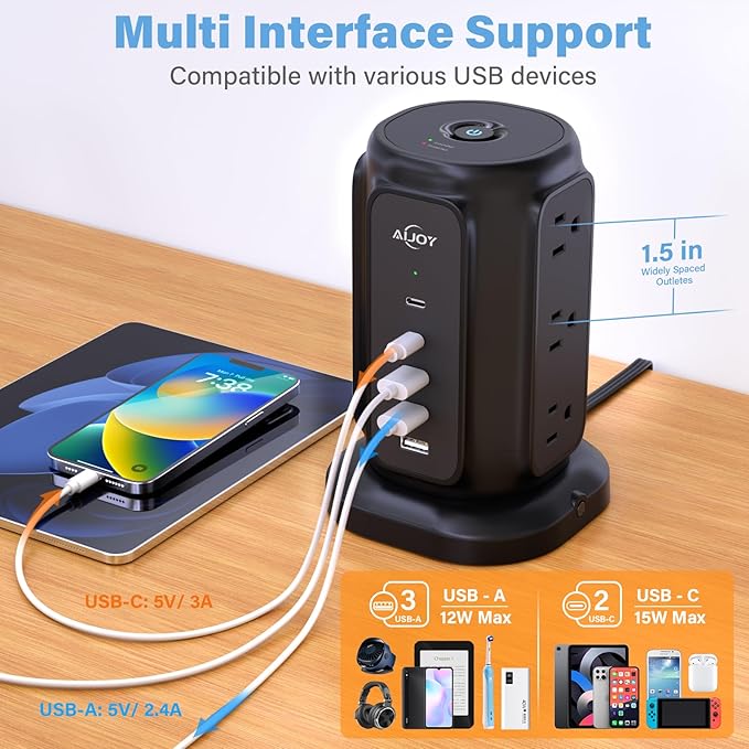 AiJoy Power Strip Tower with 9 AC Outlets and 5 USB Ports Charging Station