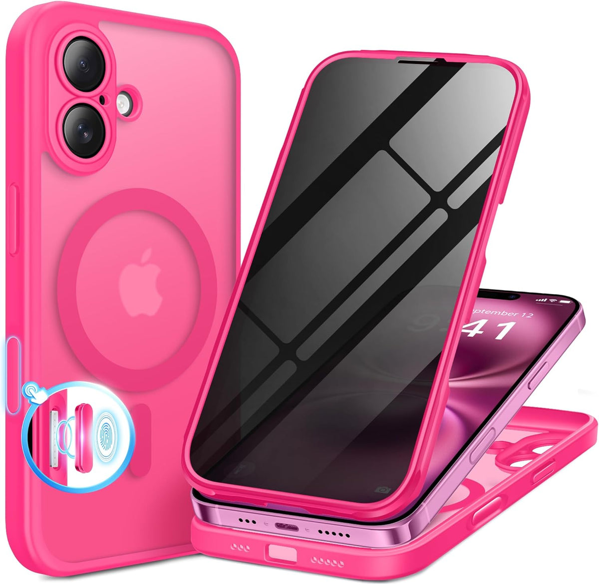 BERFY Magnetic for iPhone 16 Plus Case, Compatible with MagSafe, Built-in Privacy Screen Protector and Upgraded Camera Protection, Anti-Spy Full Body Shockproof Phone Case for 16 Plus 6.7", Hot Pink