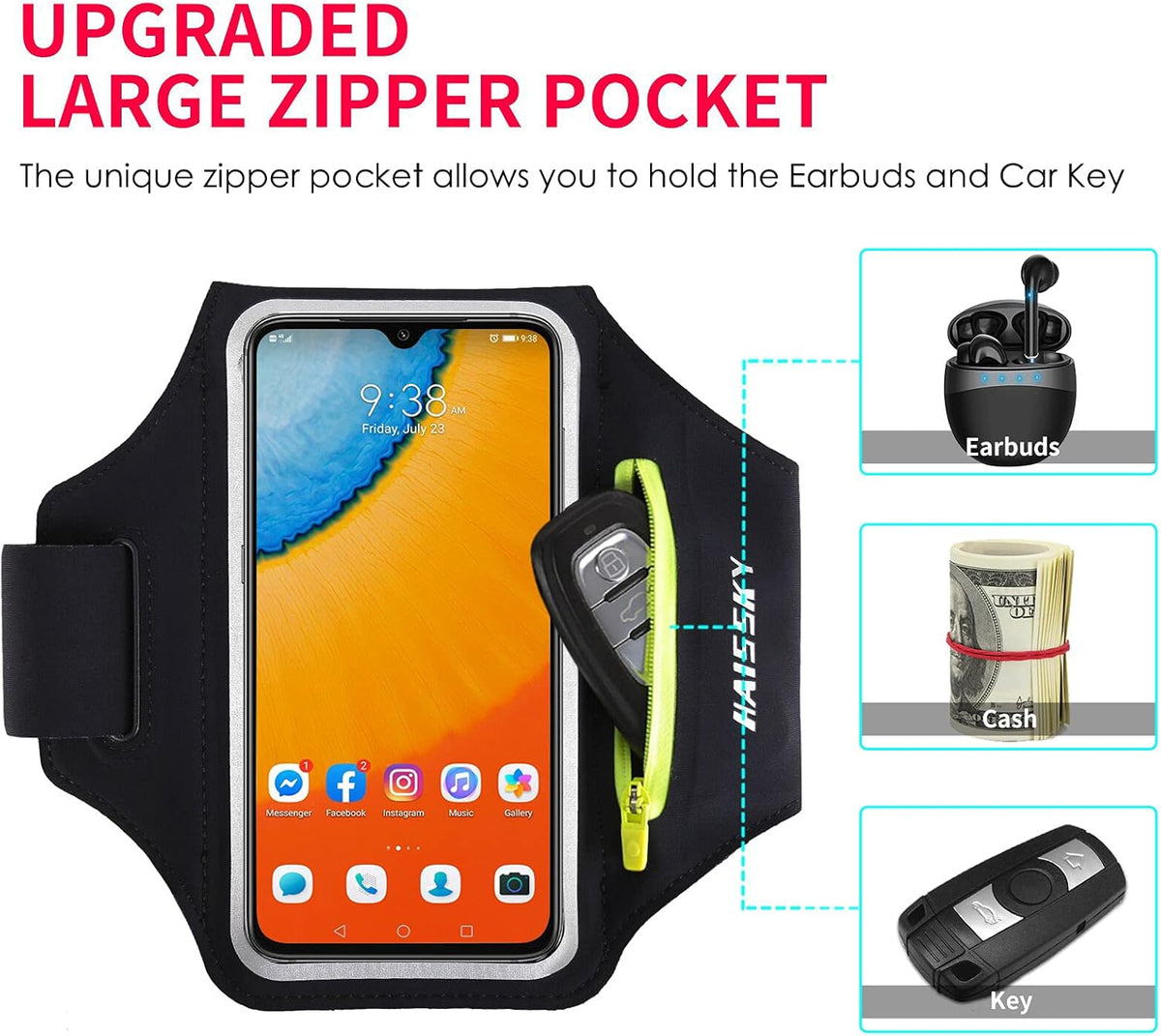 Running Armband with Earphone Bag Cell Phone Armband for iPhone 16 15 Pro 14 Plus 13 11 XR XS, Galaxy S24/S10 Water Resistant Sports Phone Holder Case & Zipper Slot Car Key Holder for 6.9 inch Phone