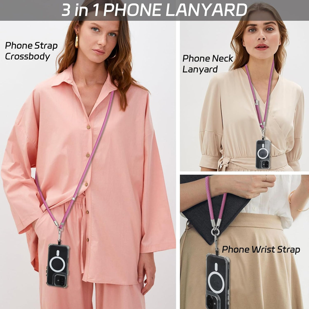 3-in-1 Adjustable Phone Lanyard Crossbody Cell Phone Neck Strap Universal Mobile Wrist Lanyard