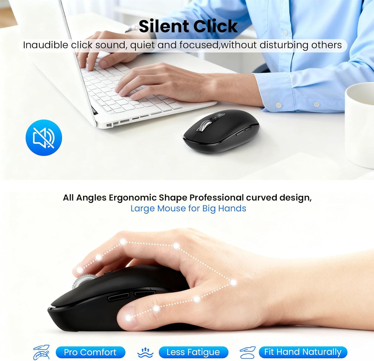 INFINMIND Mouse,USB+BT2,Multi 4-Way 3000 DPI,10 2 Wireless Bluetooth Device Ergo Full Size Mouses-big Hand,Metal Super