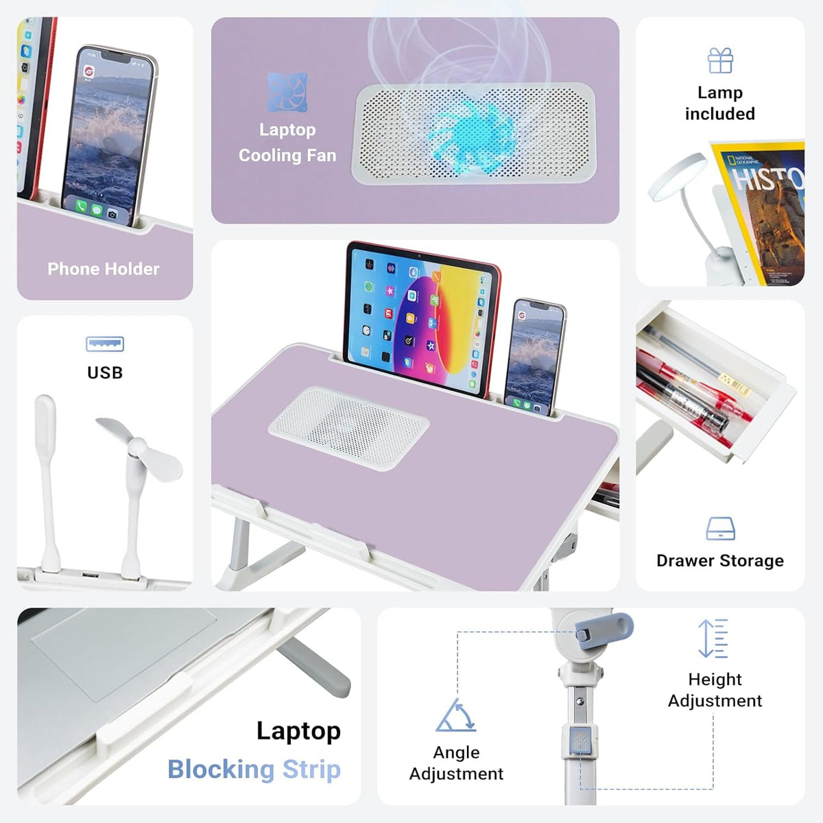 Laptop Lap Desk Include Cooling Fan,Adjustable Lap Desk with Light Fan,Folding Laptop Desk for Bed with USB,Bed Desk with Storage Drawer 60x40cm,Purple