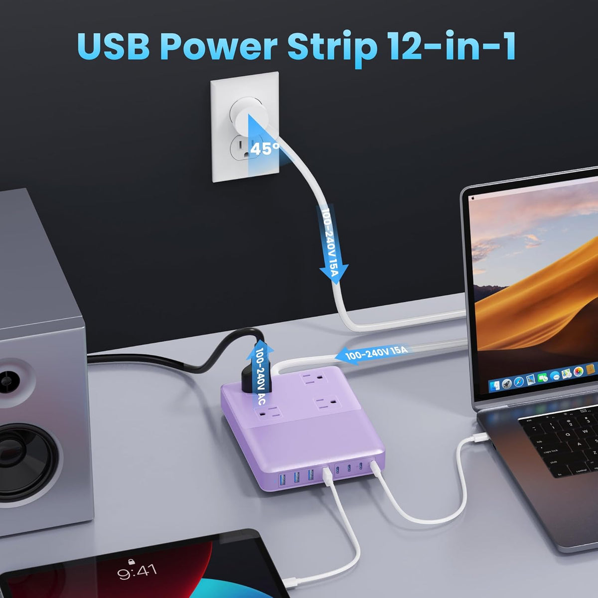 12-in-1 Charging Station USB C Power Strip with 5ft Cord,200W GaN IV USB C Charger Block,4 AC Outlets,4 USB-A,4 USB-C for MacBook,iPhone 16/15/14,Fast Charging Desktop Charger for Office (Purple)