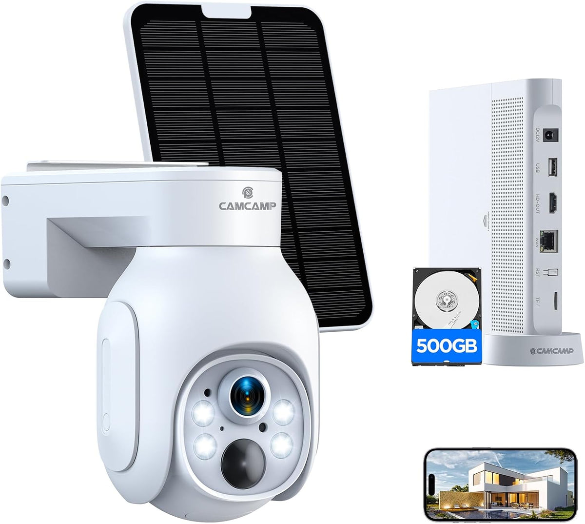 Camcamp Solar Security Cameras Wireless Outdoor, 2K Wireless Battery Security System with 10CH NVR & 500GB HDD, PTZ, Color Night Vision, IP66 Waterproof, Motion Alert, Work with Alexa, 0 Monthly Fee