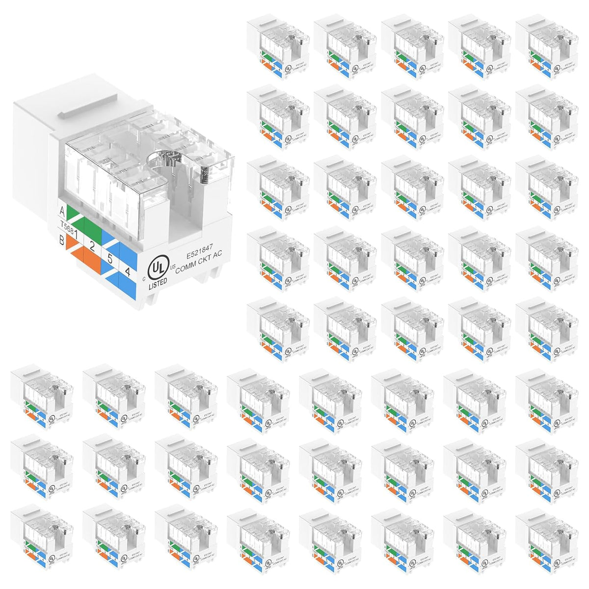 VCE Cat6 RJ45 Keystone Jacks UL Listed 50-Pack, Punch Down Ethernet Wall Jack 90-Degree Adapter in White with 1-Pack Wire Stripper Cutter