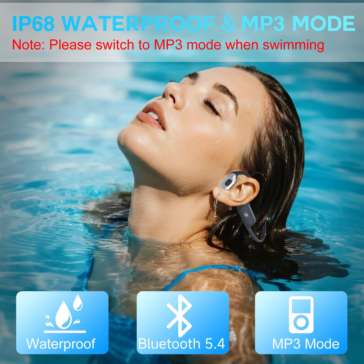 Opinta Swimming Headphones with Safelight, IPX8 Waterproof Bone Conduction Headphone Wireless Underwater Earbuds with 32GB Memory for Swimming
