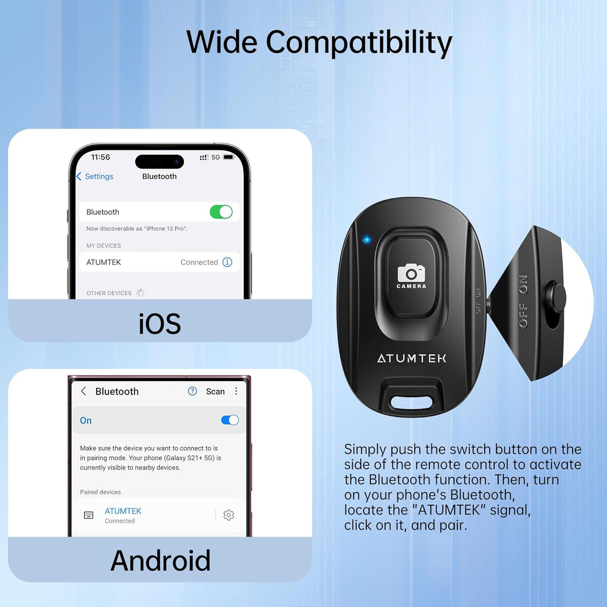 ATUMTEK Camera Remote Shutter for iPhone and Android Smartphones (2 Pack), Wireless Phone Remote Control Selfie Button for Photos and Videos (Bluetooth 5.2), Wrist Strap Included, Black & White
