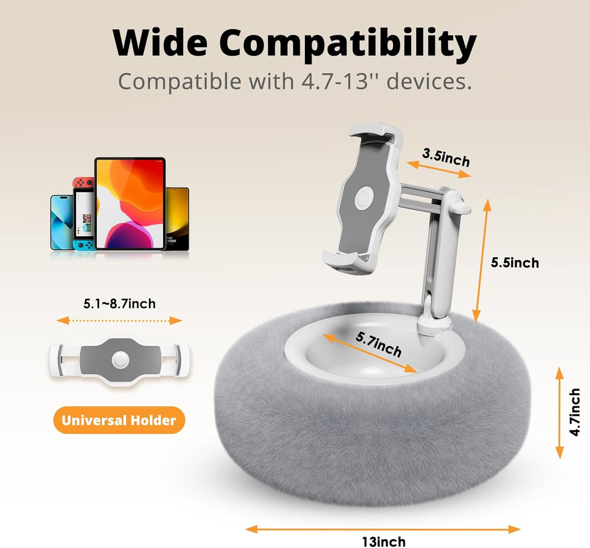 Tablet Pillow Stand for Reading, Adjustable Tablet Pillow Stand for Lap with Detachable Bowl, Fits 4.7"-13" Kindle/Phones/Tablets, Watch Videos, Stream Media, Gray
