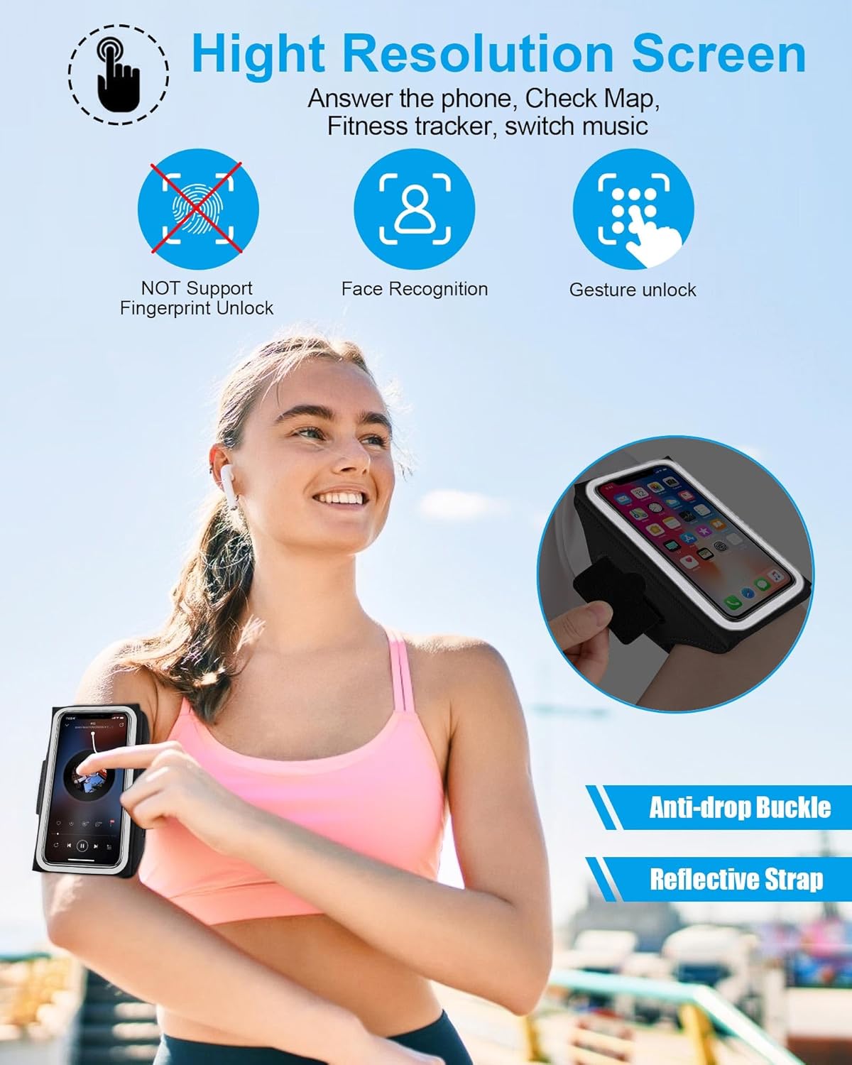 Arm Band for Phone for Running with Foldable Straps, 6.9‘’ Running Armband Phone Holder for iPhone 16 15 14 13 12 11 Pro Max Galaxy Pixel, Running Essentials for Women with Car Home Key Earphone Bag