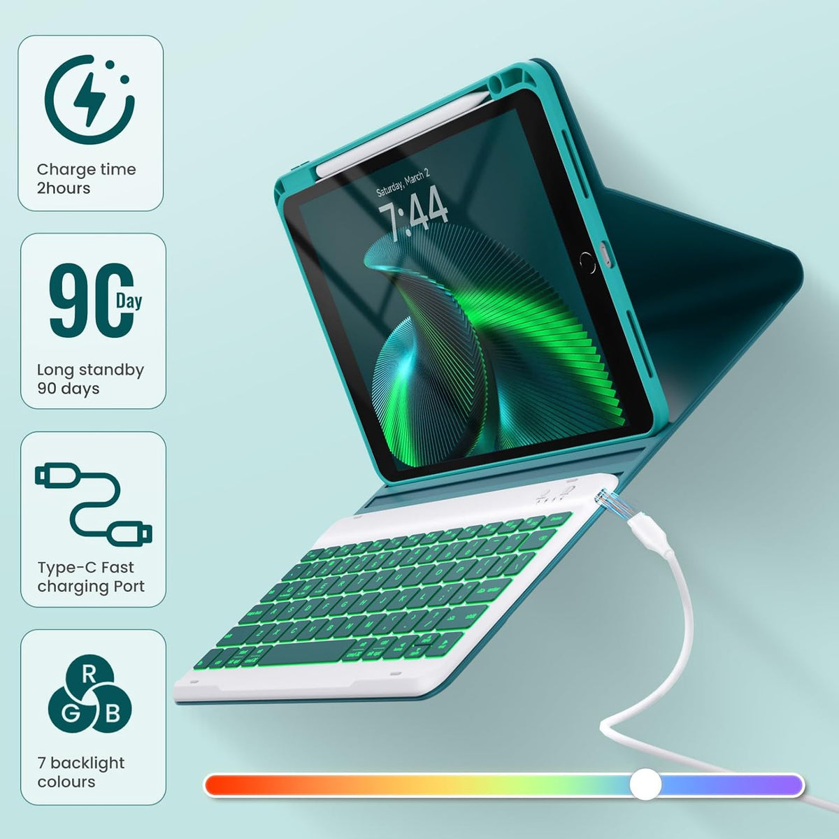 OYEEICE for iPad 9th Generation Case with Keyboard - Detachable Backlit Keyboard - 360 Rotatable Cover with Pencil Holder for iPad 9th/8th/7th Gen, iPad Air 3rd Gen & iPad Pro 10.5" - Teal