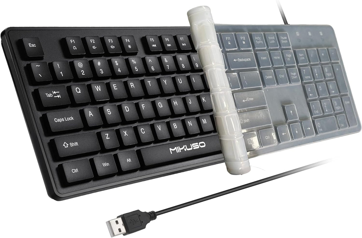 Wired Computers Keyboard with Cover Comfortable Hand Feel,Laser Engraved Characters,12 Multimedia Keys USB Interface Suitable for Laptop PC,Full Size 104 Keyboards, Plug and Play, Office