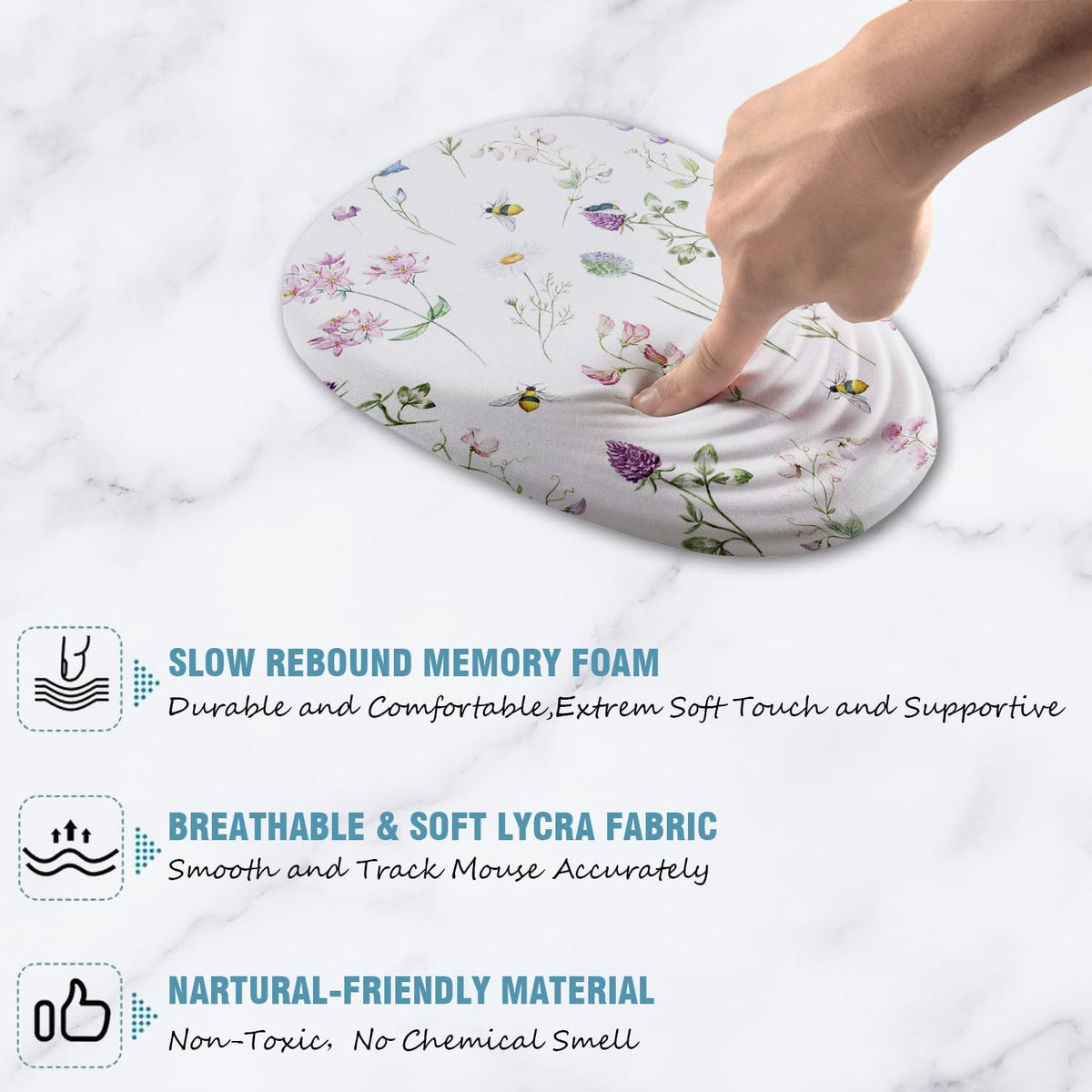 Floral Ergonomic Mouse Pad Wrist Support, Pretty Flowers Mouse Pad with Wrist Rest, Foam Massage Design & Non-Slip PU Base MousePads for Pain Relief, Desk, Office, Home