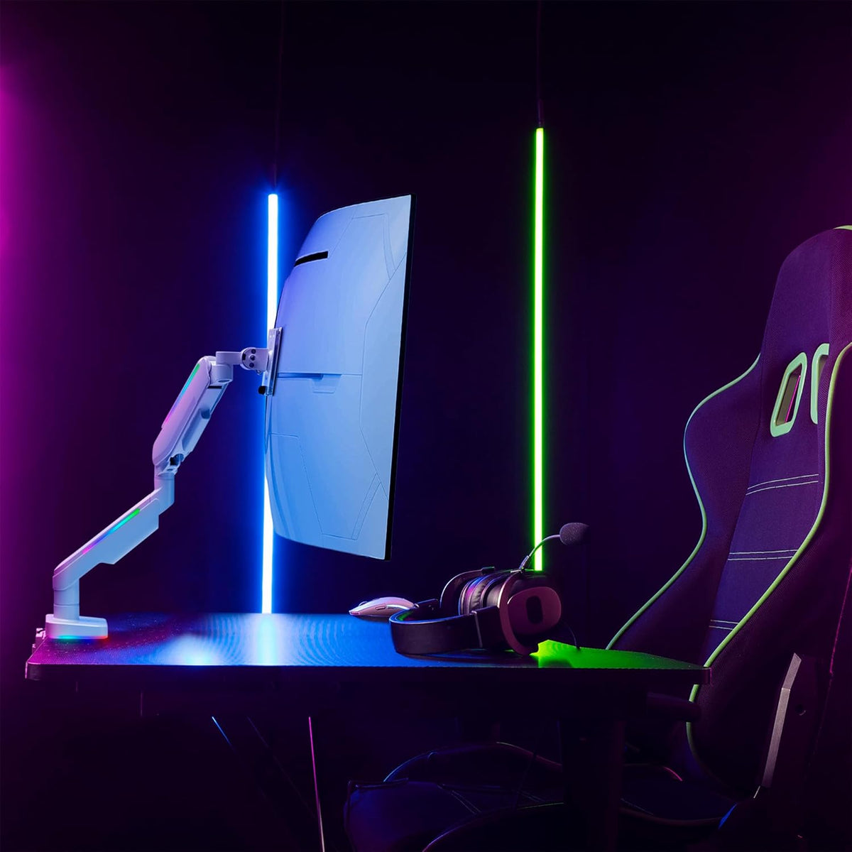 AVLT RGB Lights Single 17”-49” Gaming Monitor Arm Desk Mount, Fits One Flat/Curved/Ultrawide Screen up to 44lbs(20kg), Height Swivel Tilt Adjustable Stand - White
