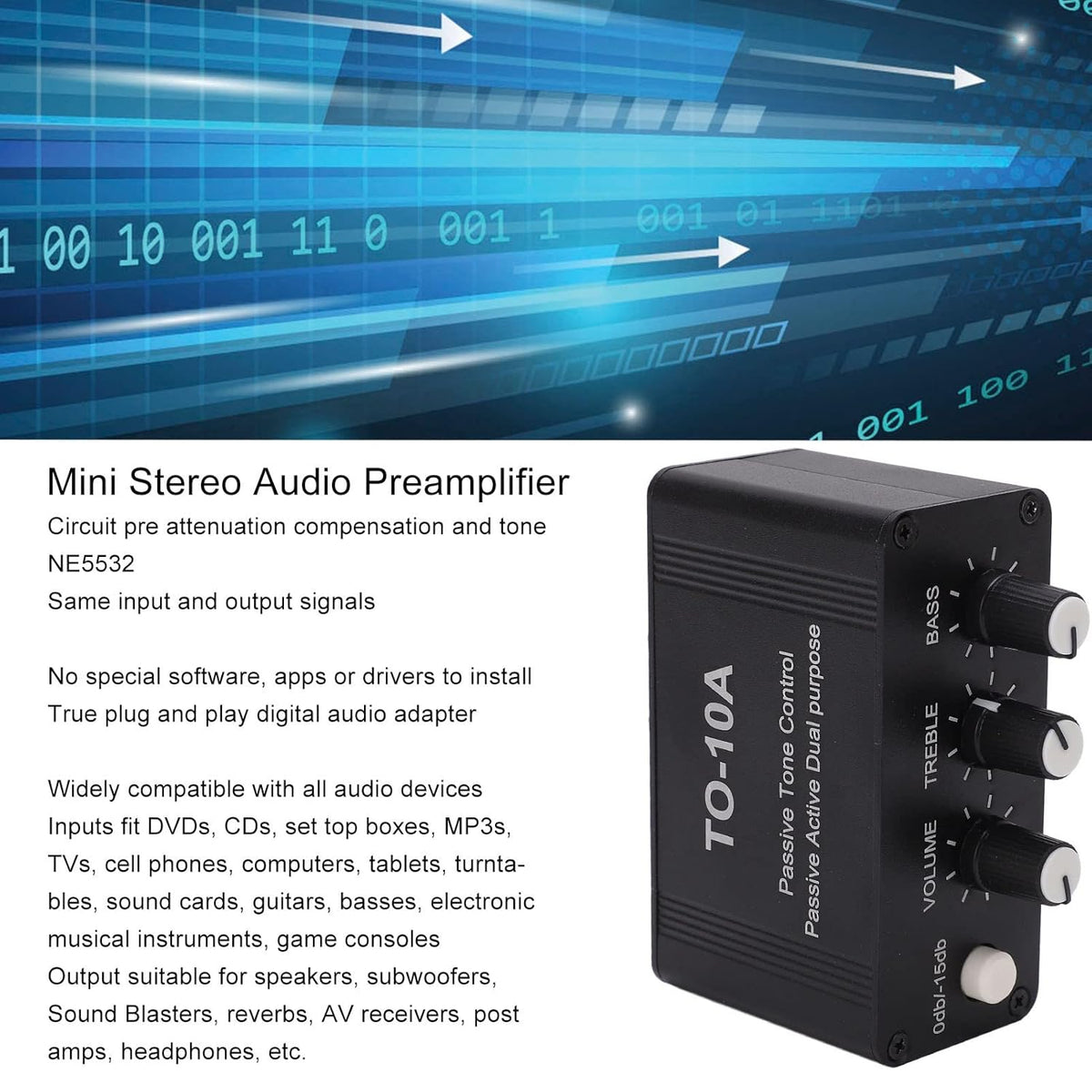 Garosa Mini Electronic Audio Stereo Preamplifier, DC 12V Small Stereo Audio Amplifier with Treble Bass Volume Control