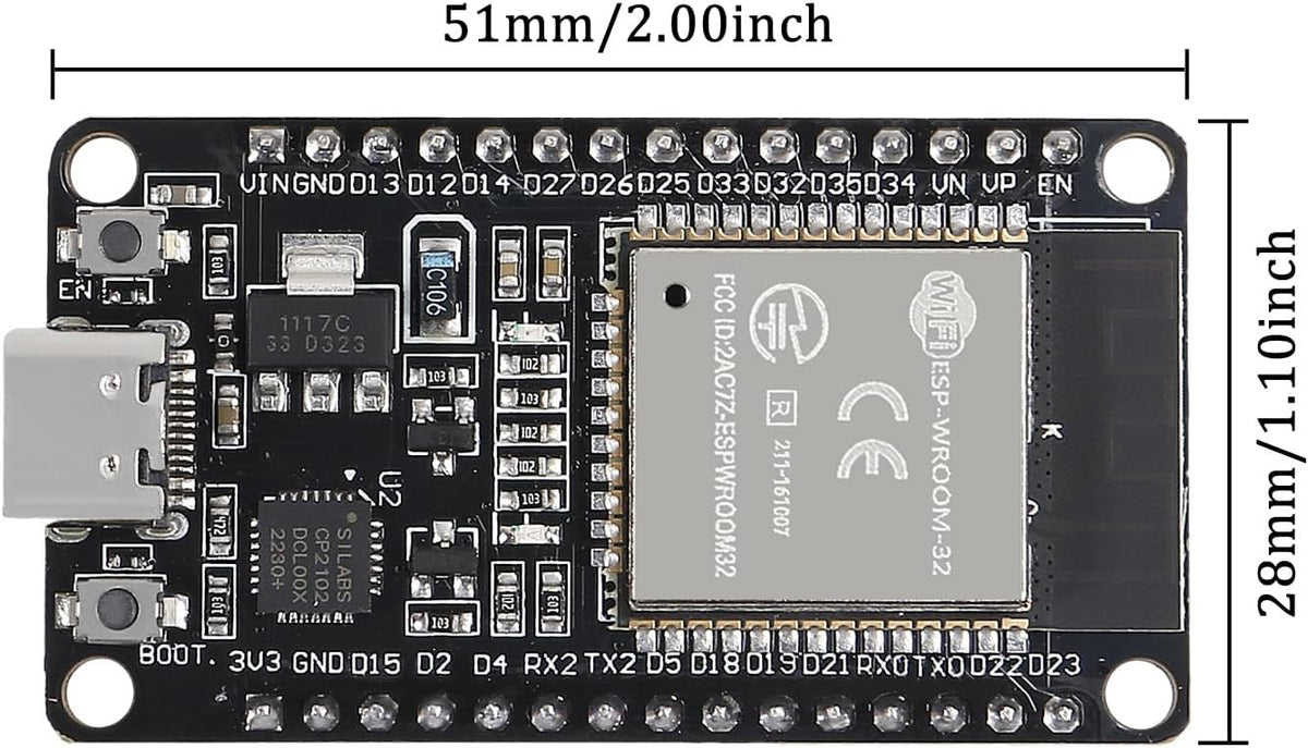 AITRIP 2PCS ESP-32 CP2102 Chip+2PCS 0.96 Inch I2C 12864 SSD1306 30pcs 20cm USB-C Development Board OLED IIC Display