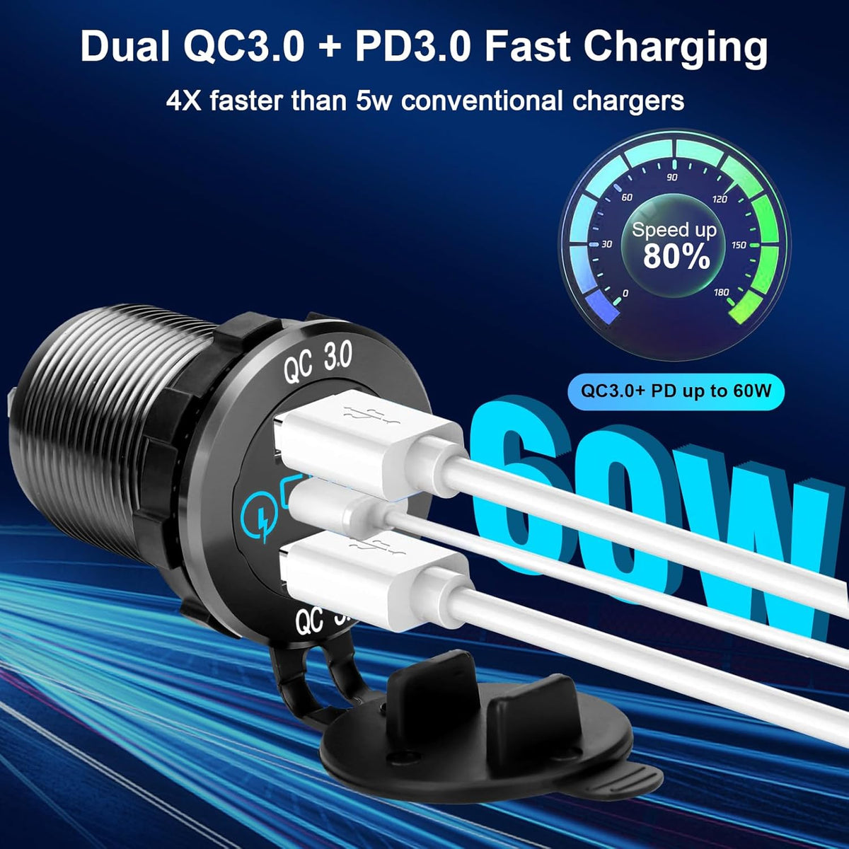 12V 60W USB C Car Charger Socket, 30W PD Type-C & Dual QC 3.0 USB Socket Port, Quick Charge Socket with Touch Switch