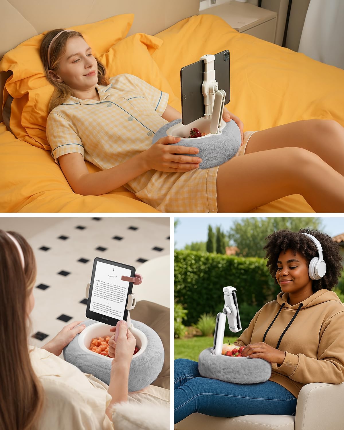 Viozon Tablet Pillow Stand,Kindle Pillow Stand, Compatible with 4-11" Tablet/Phone with Small Bowl, Kindle Holder Accessories,Idea for Reading and Video Watching On Bed,Grey