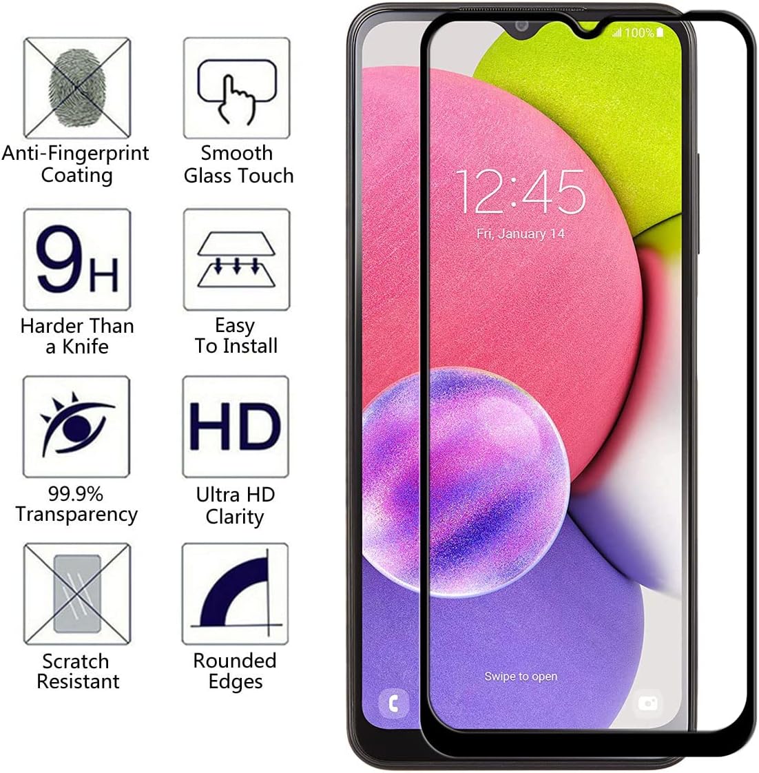 Samsung Galaxy A03s Tempered Glass Screen Protector [Black] - 0.26mm, 9H Hardness, Full Coverage [3-Pack]