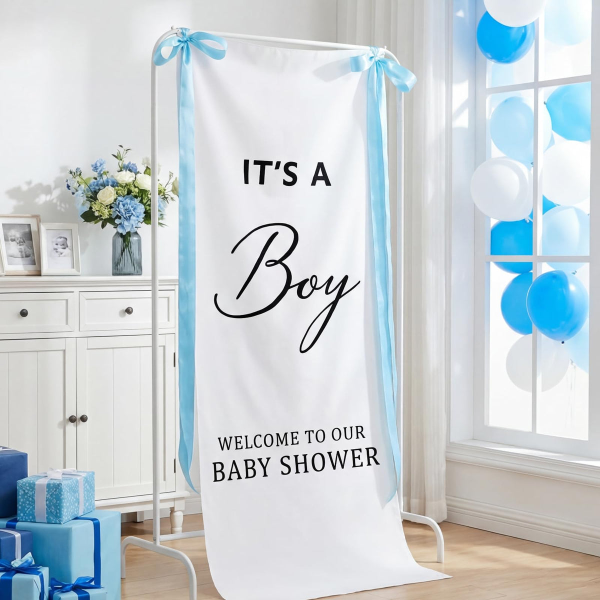 Oudain 24X60 Inch Its A Boy Burlap Banner, Baby Shower Fabric Backdrop With Pink Ribbons And Hooks, Rustic Boho Photo Props Sig