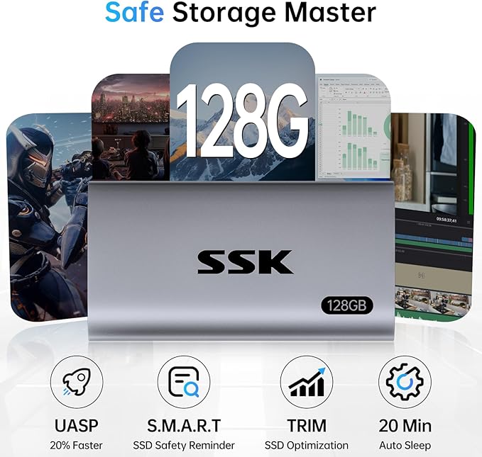 SSK 128GB SSD External Hard Drive Portable SSD Up to 550MB/s Fast Solid State Drives External Drive USB 3.2 Gen2 for iPhone 15/Pro Windows Mac Android with LED Light Trim SMART Supported