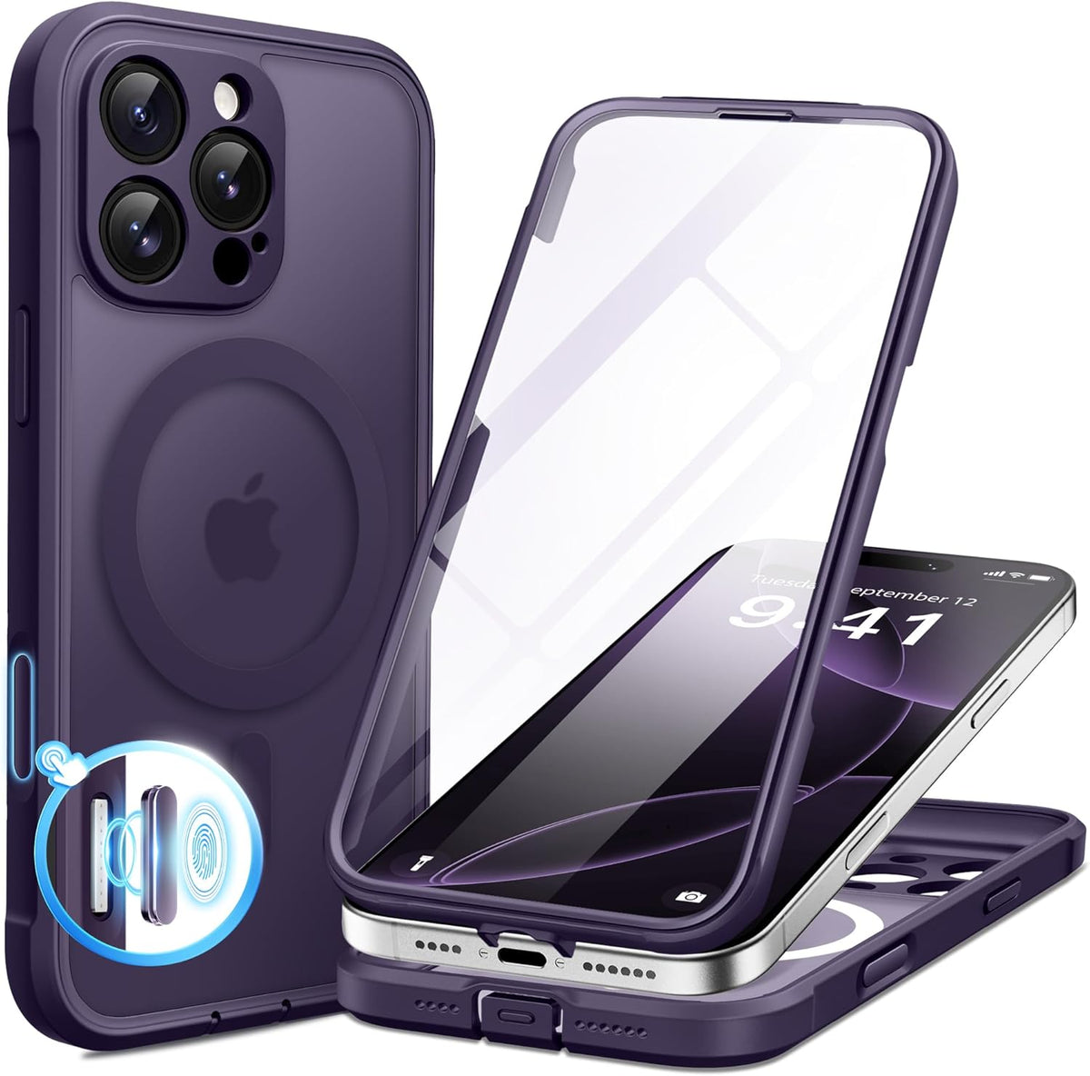 BERFY Magnetic for iPhone 16 Pro Max Case, Compatible with MagSafe, [Built-in 9H Tempered Glass Screen Protector & Camera Protection] Full Body Translucent Matte Phone case for 16 Pro Max, Deep Purple
