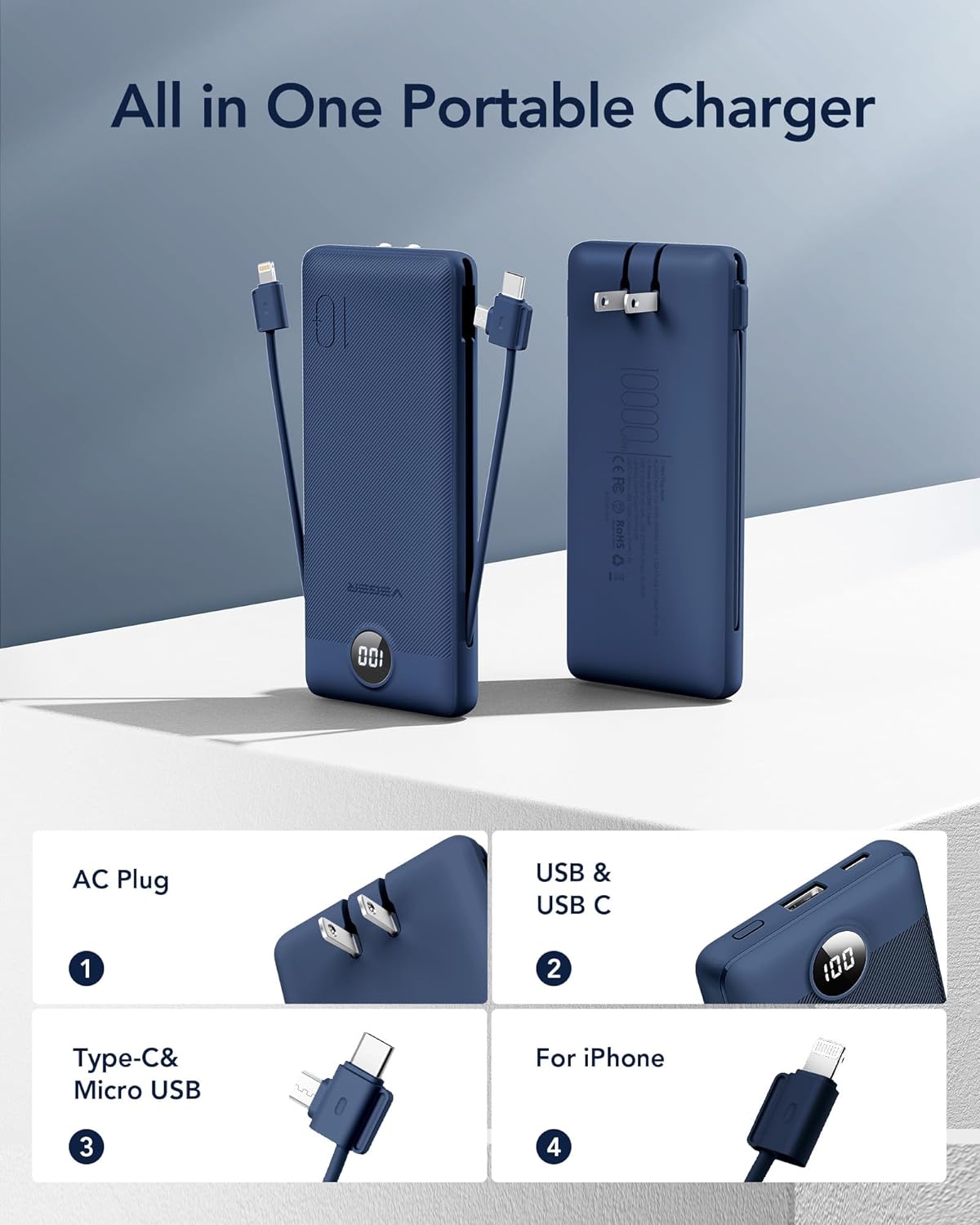 VEGER Portable Charger for iPhone with Built in Cables and Wall Plug, 10000mah Slim Fast Charging USB C Power Bank, Travel Essential Battery Pack Compatible with iPhone, iPad, Samsung etc(Navy)