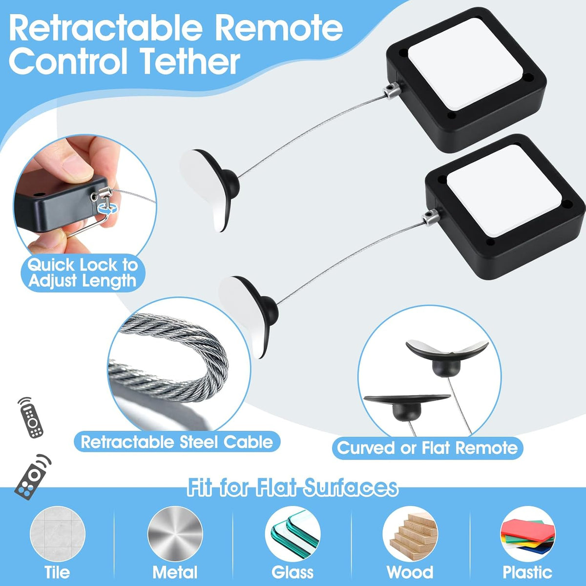 I3C 1 6.6ft/2m PCS Retractable Remote Control Tether, Remote Cable Lock Remote Leash for TV Remotes Game Controllers