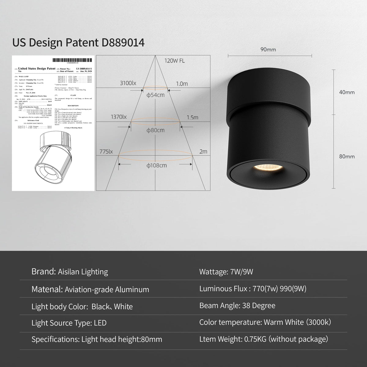 Aisilan 9W Dimmable LED Ceiling Spotlight, Adjustable Directional Surface Flush Mount Lighting, Wall Spot Lights Indoor Accent Fixture Fitting