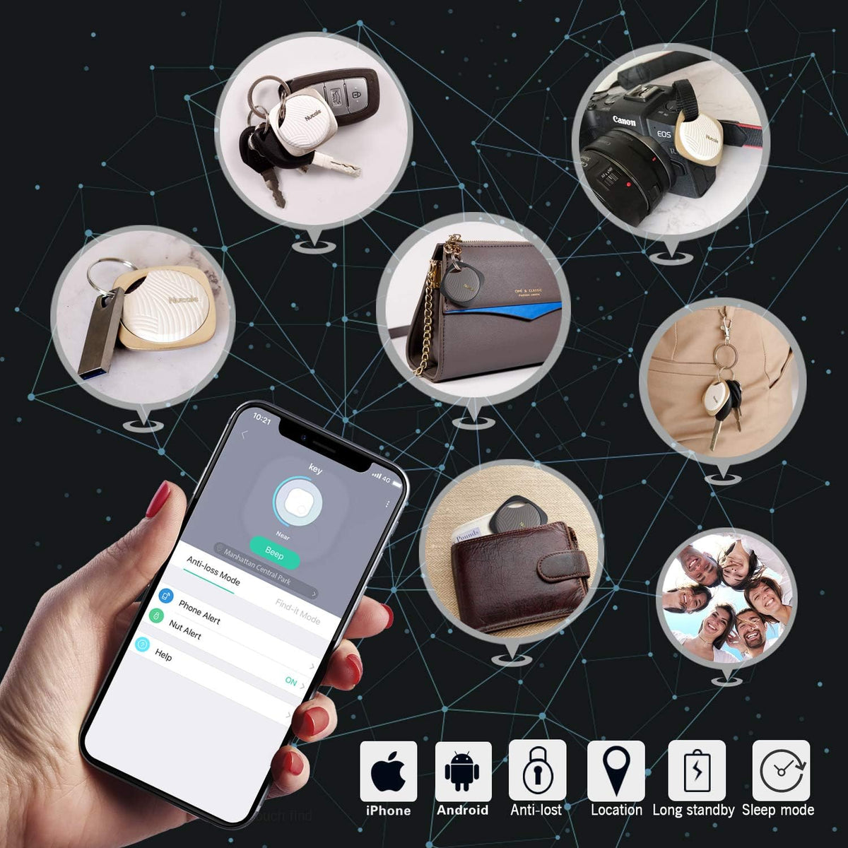 Focus Key Finder Smart Tracker, Anti-Lost Alarm Item Locator, Wireless Bluetooth Tracking Device, Black, 1 Pack
