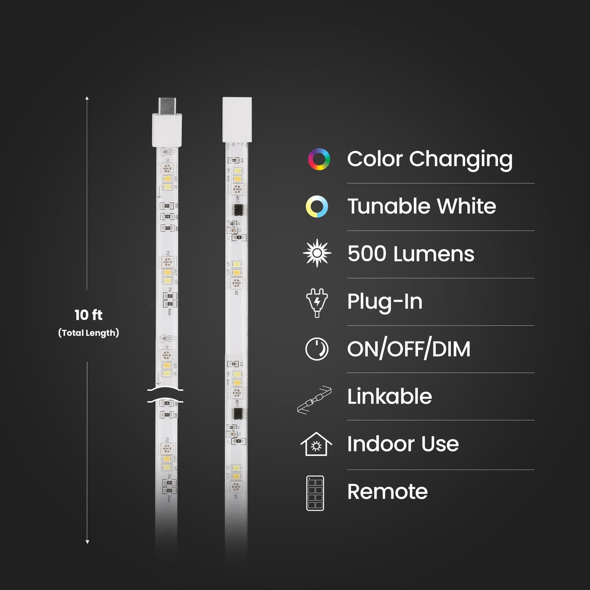 Feit Electric 10FT Smart Chasing LED Strip Light, RGB Color-Changing + Tunable White, Wi-Fi App & Remote Control, Alexa & Google Home, Linkable