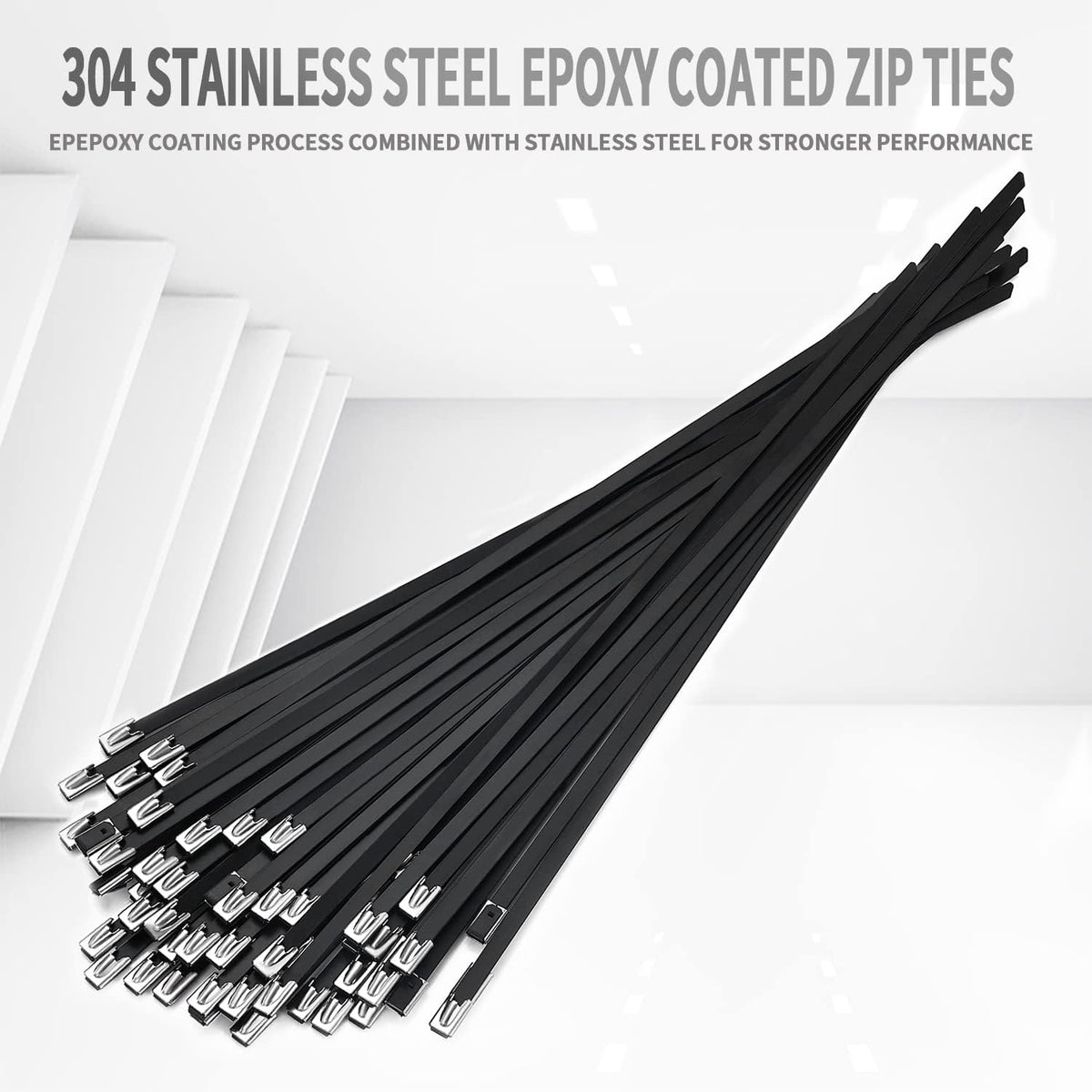 100pcs 11.8 inch 304Stainless Metal Zip Ties black steel Epoxy Coated Cable Tie Multi-purpose Self-locking Cable Ties