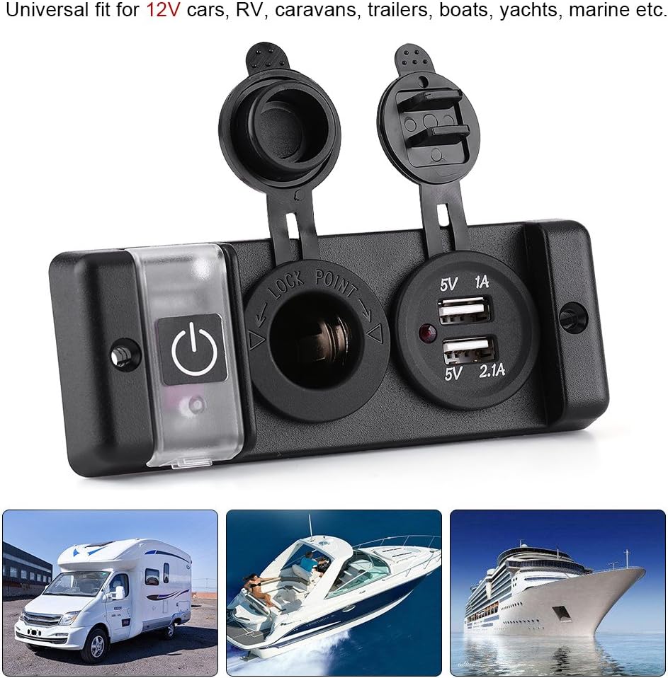 12V Waterproof Cigarette Lighter Socket, Dual USB Power Socket Switch Panel for Car RV Marine Boat