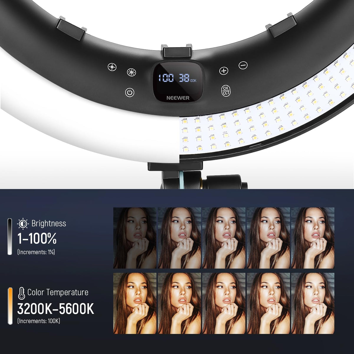 NEEWER Ring Light RP19H 19 Inch with Tripod Stand 3 Phone Holders Compatible with iPhone, Upgraded 2.4G Touch Control Ringlight for Video Recording Streaming Home Office Zoom Selfie Makeup Lighting