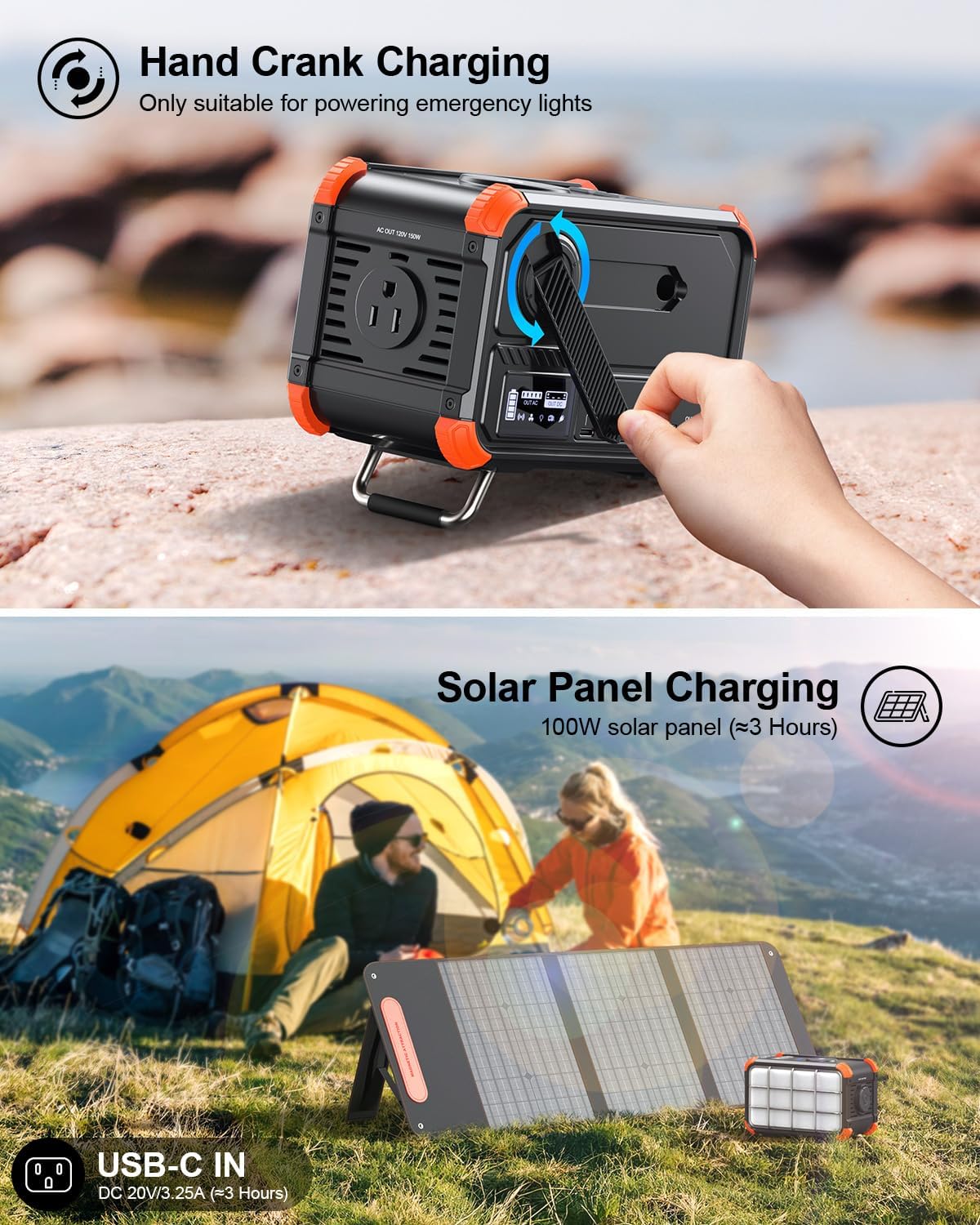 BROWEY Portable Power Station 153Wh Camping Small Solar Generator with Hand Crank 120V 150W AC Outlet Lithium Battery Power Bank, Wireless Charging Emergency Charger for Outdoor Travel Home Backup