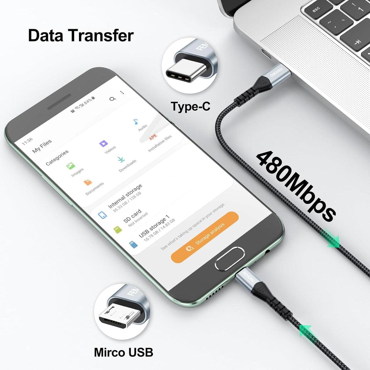FEMORO USB C to Micro USB Cable 6ft, Adapter for OTG Data Transfer & Charging, USB-C Type C to Micro USB