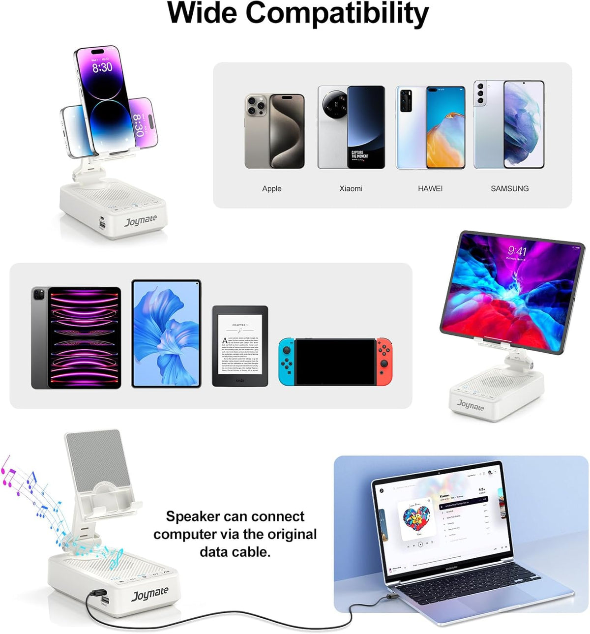Gifts for Men Women, Bluetooth Speaker Phone Stand with Charging Function 360° Rotable Adjustable Cell Phone Holder HD Surround Sound for Desk Fits All Phones,Tablet (White)