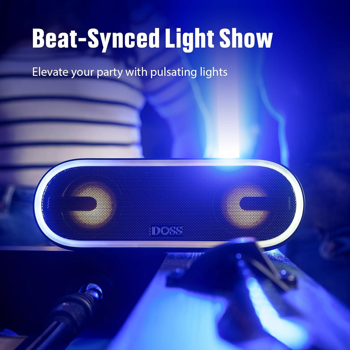 DOSS SoundBox Pro+ P300 Bluetooth Speaker with 40W Stereo Sound, Extra Bass, IPX6 Waterproof, TWS Pairing, Diverse Lights Show, 20H Playtime, BT 5.3 Speaker for Party, Camping, Beach - Blue