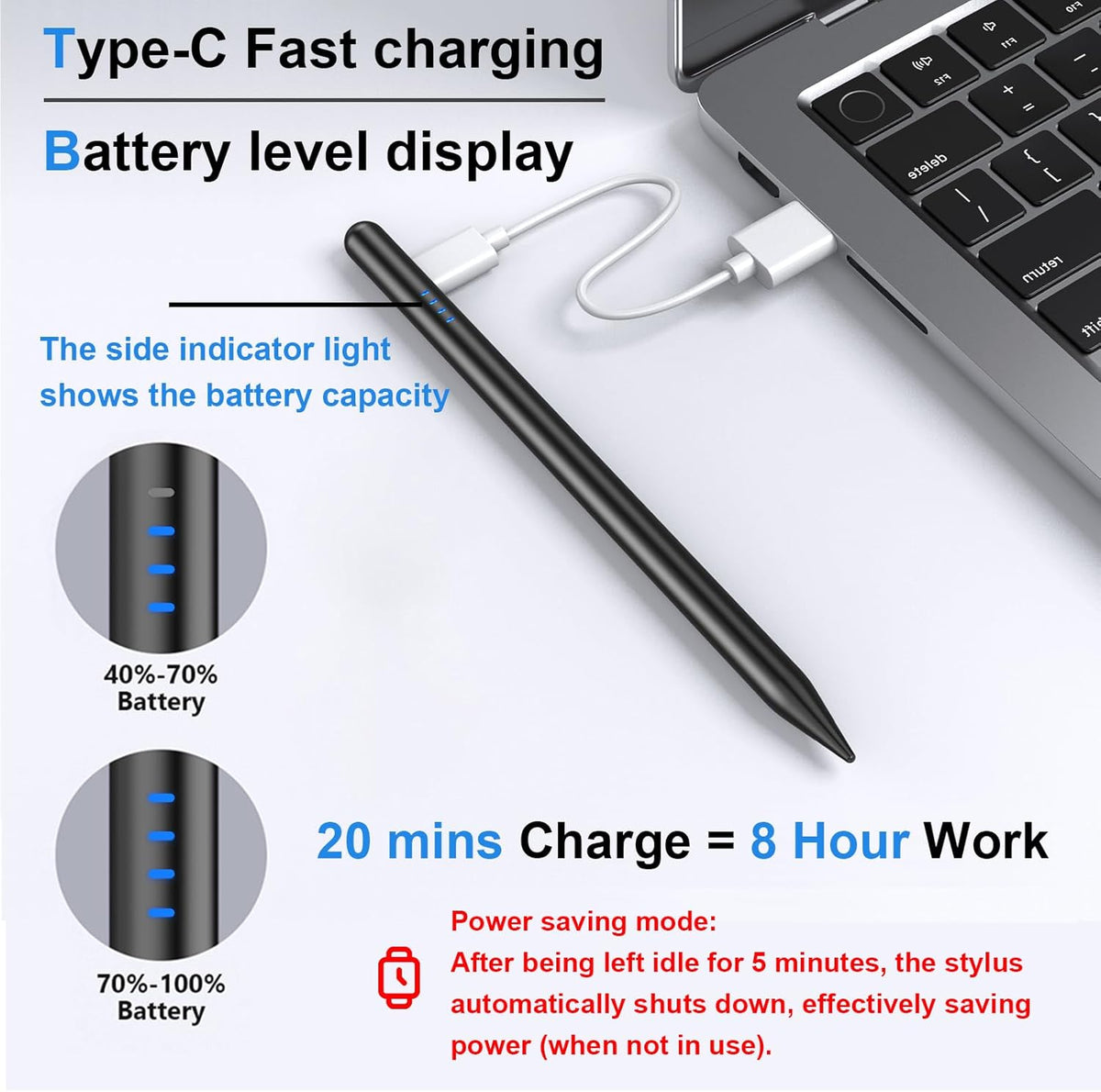 Stylus Pen for iPad 9th&10th - Fast Charge for iPad Pencil Palm Rejection Active Pen Compatible with (2018-2025) Apple iPad 6/7/8/9/10/11(A16), iPad Pro 11"/12.9"/M4, Mini 5/6, Air 3/4/5/M2/M3 (Black)