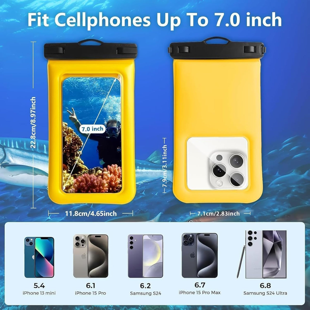 Floatable Soap Bubble Waterproof Phone Pouch/Case with Crossbody Lanyard for iPhone 16 Pro Max/15 Pro/14/13/12, IP68 Cellphone Dry Bag Beach Cruise Ship Essentials, 1 Pack-Yellow-7″
