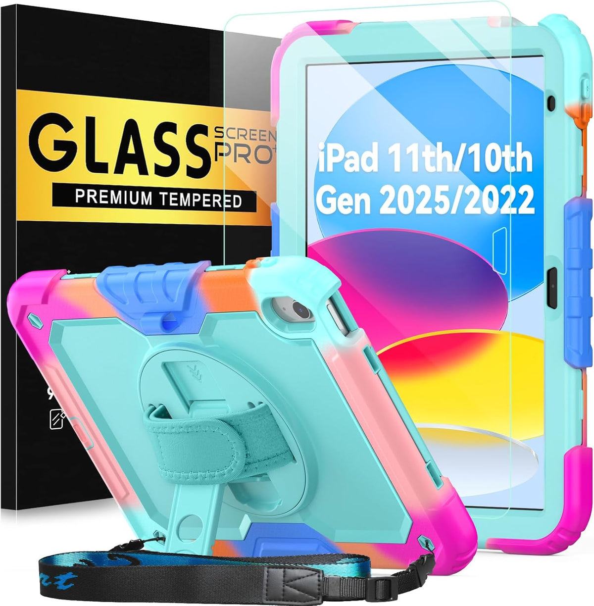 BLOSOMEET iPad Case for 11th/10th Generation 11''/10.9'' with Tempered Glass Screen Protector, Full Body Dropproof iPad Cover 2025/2022 with Stand Pen Holder & Hand Shoulder Strap, Turquoise