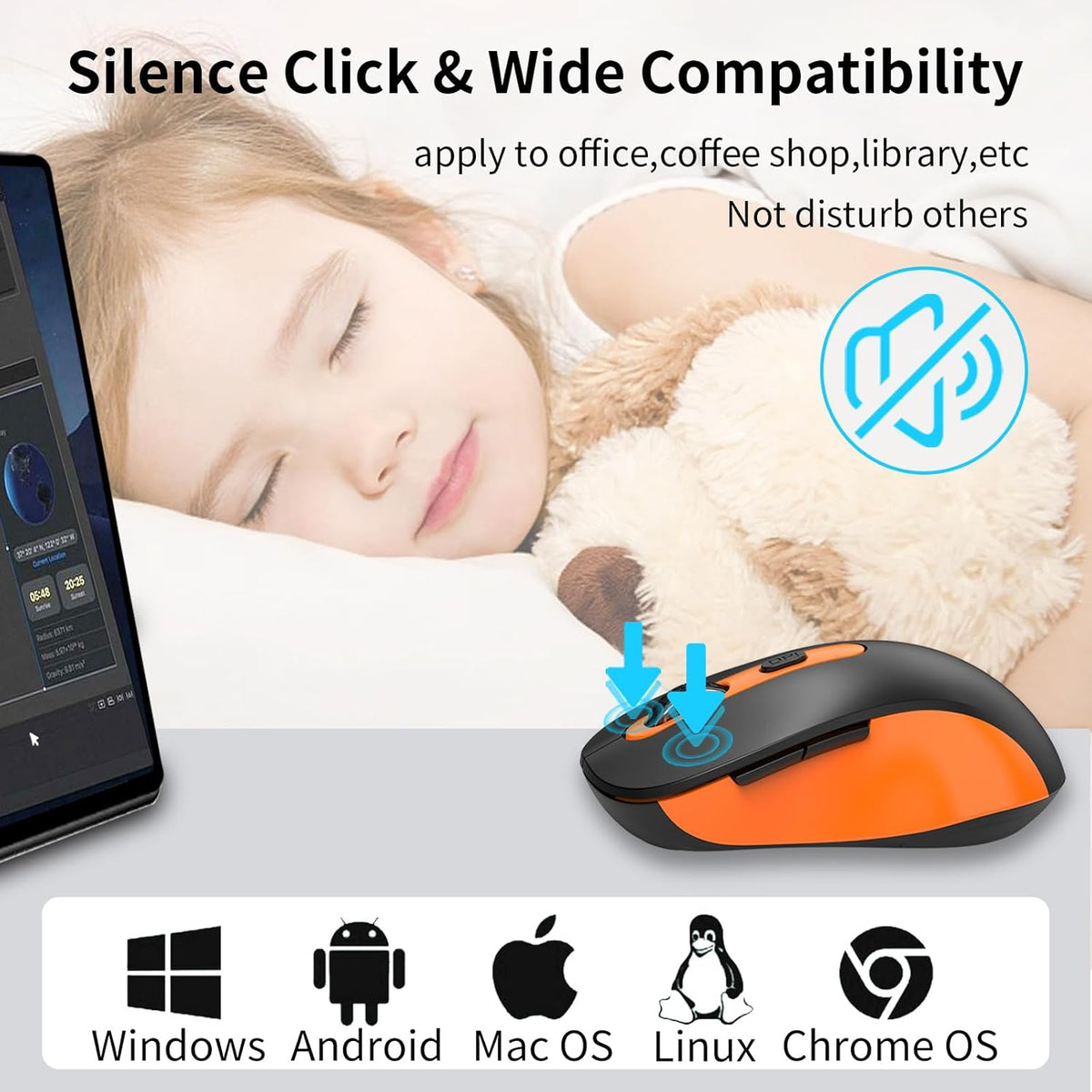 Wireless Mouse for Laptop, PC, Chromebook, Mac, MacBook, Silent Mouse with USB Nano Receiver, Side Button, 2400 DPI, Anti Slip Roller, 6 Button Ergonomics Cordless Computer Mice - Black Orange