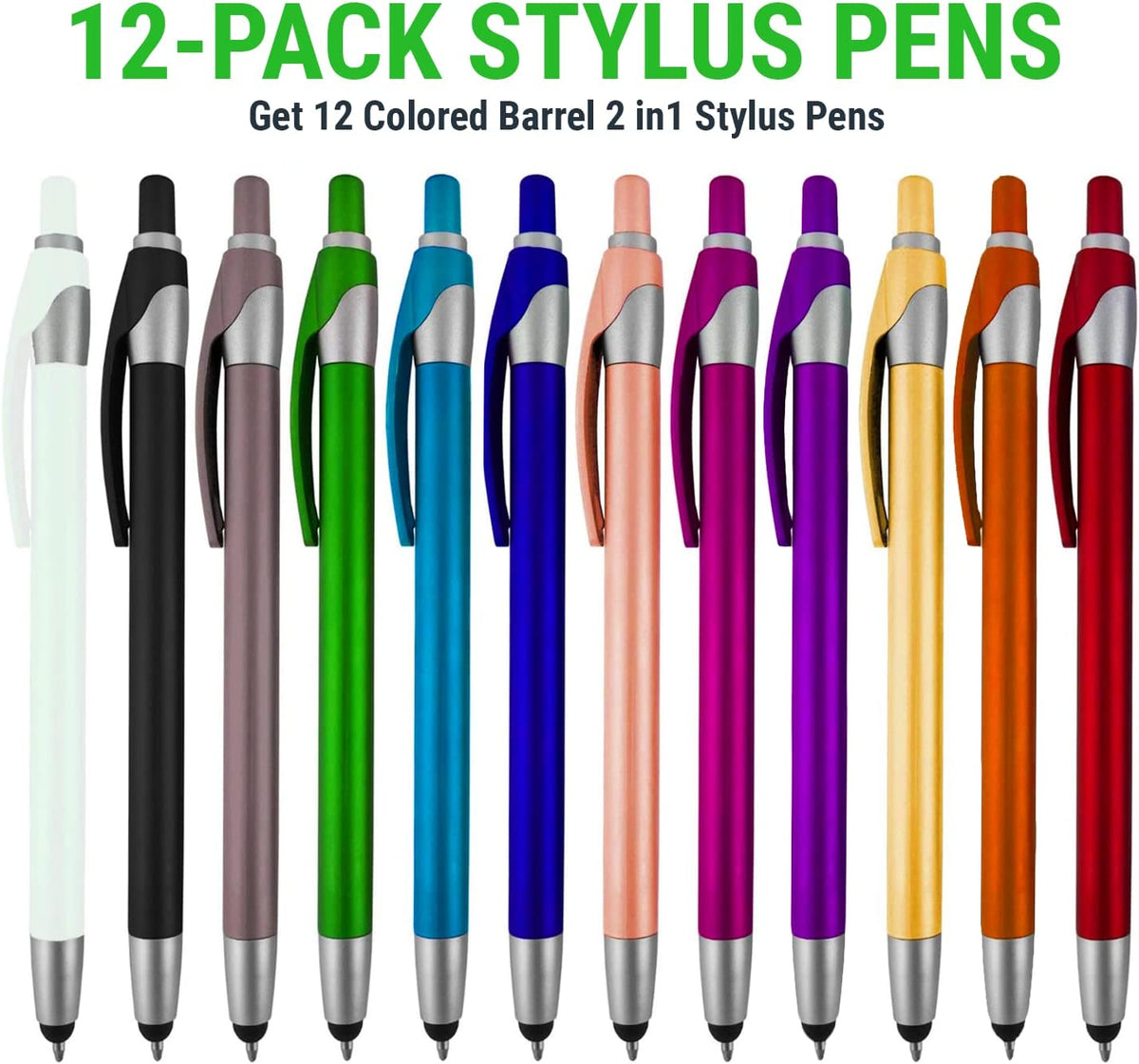 12 Pack Stylus with Ball Point Pen for iPad Mini, iPad 2/3, New iPad, iPhone 5 4S 4 3GS, Samsung Galaxy (Assorted