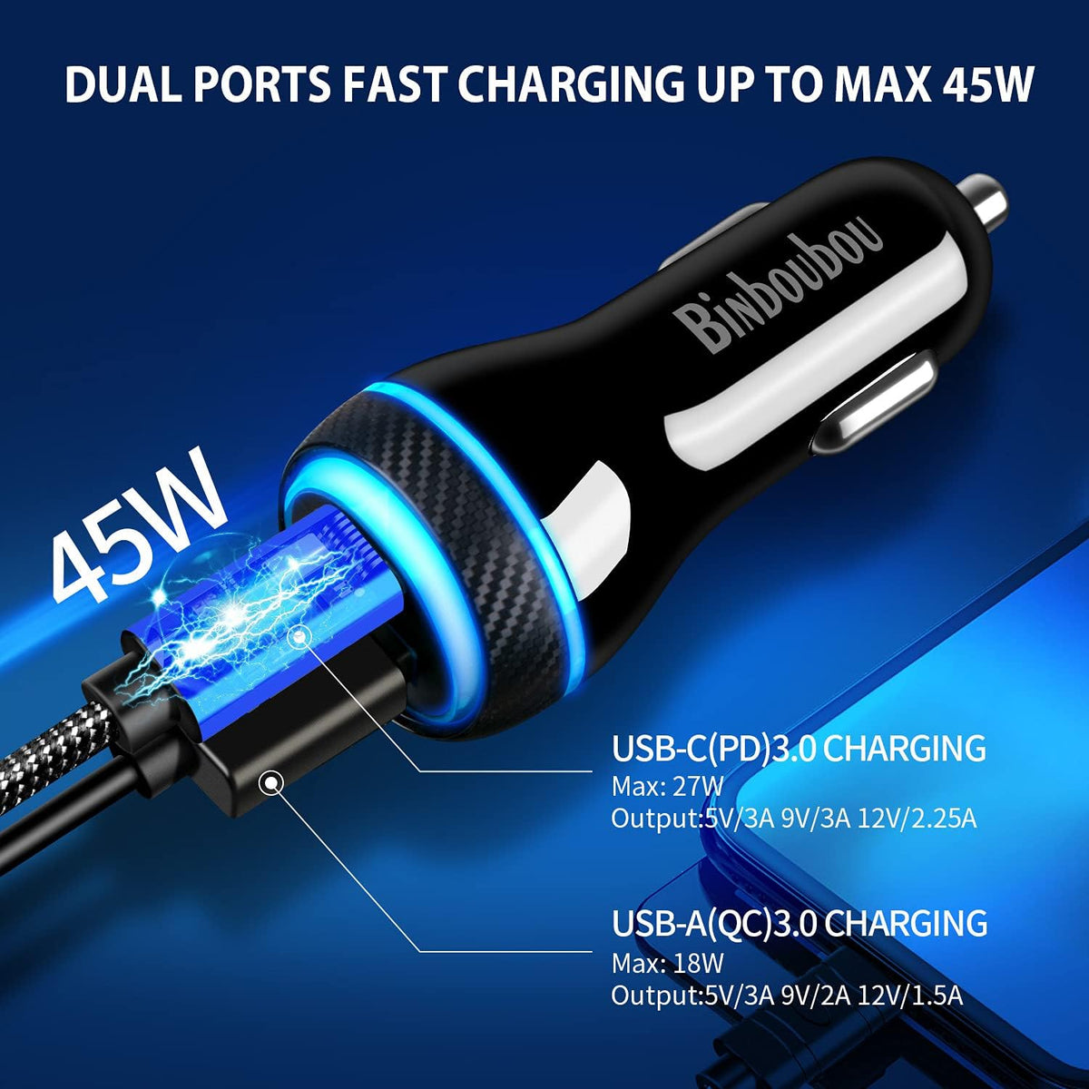 Type C Super Fast Charger Car 45W, [PD/PPS+QC] Dual Fast Charging Car Cigarette Lighter Adapter for Samsung